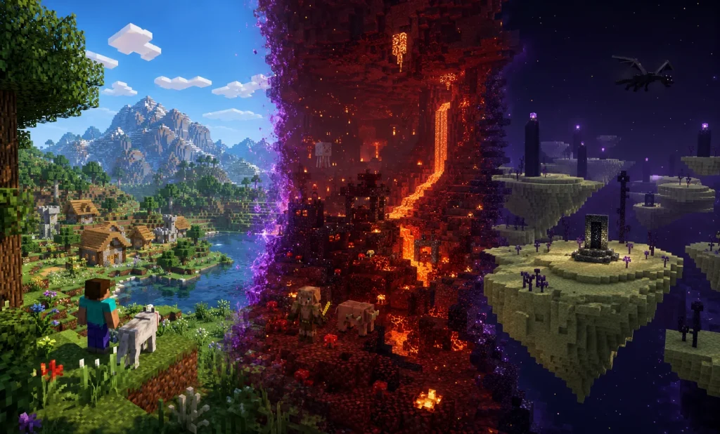 مقایسه سه دنیای Overworld، Nether و End در ماینکرفت