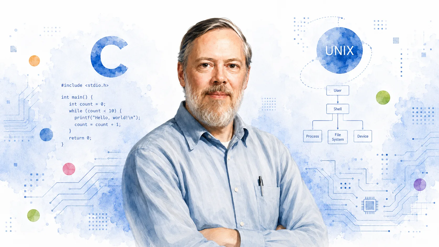 پرتره دنیس ریچی، خالق زبان C و از توسعه‌دهندگان Unix